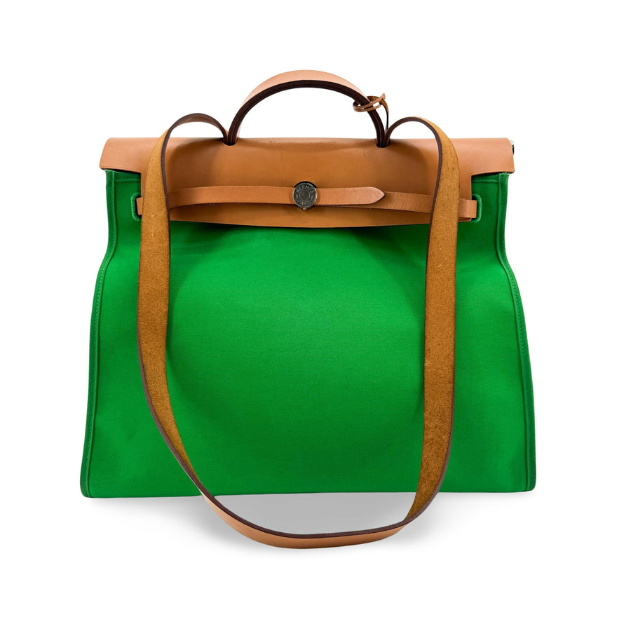 Hermes Herbag Toile And Leather Green Canvas Bag