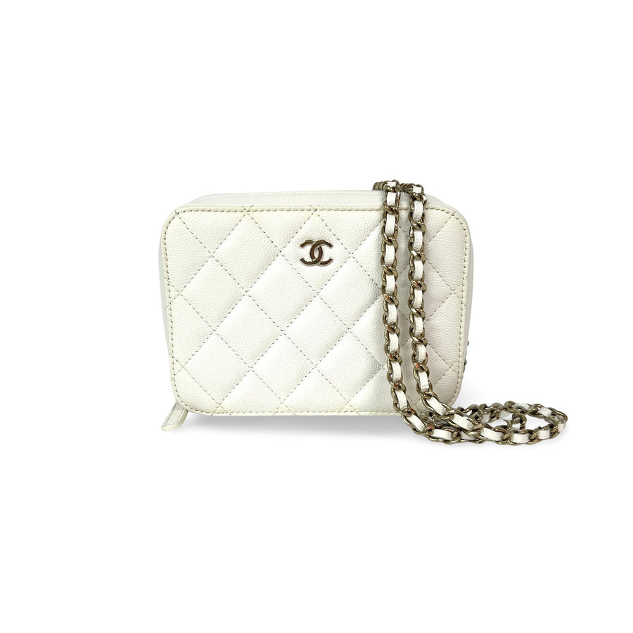 Chanel Square Cc Chain Camera Quilted Caviar White Leather Bag