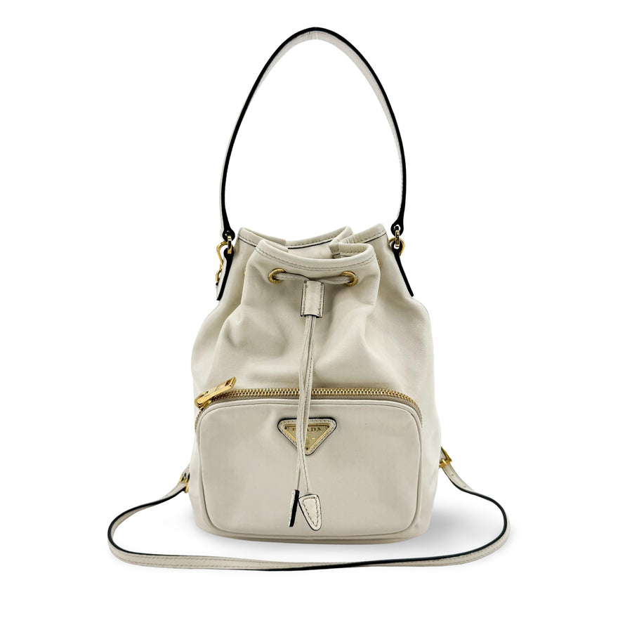 Prada Duet Drawstring Bucket Leather White Bag