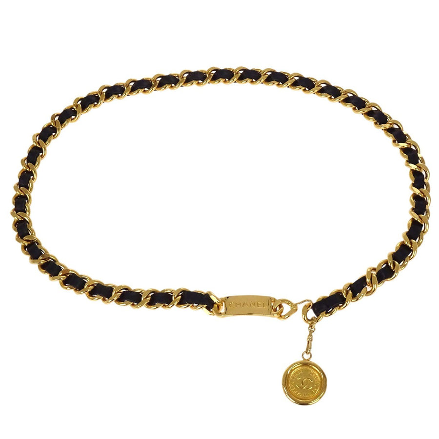 Chanel Cc Medallion Chain Belt Metal With Leather Gold Gold_plated