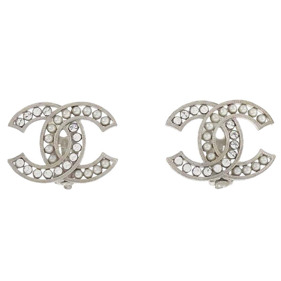 Chanel Cc Clip-On Metal With Crystals And Faux Pearls Silver Silver_plated Bijoux