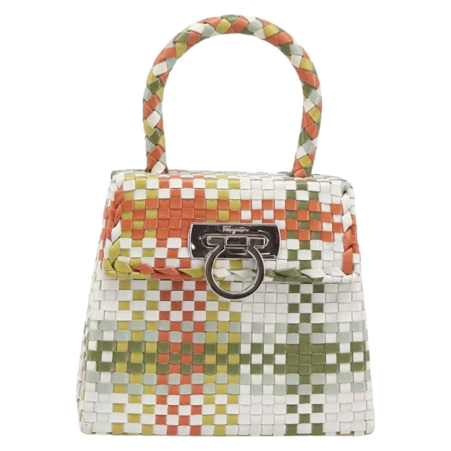 Salvatore Ferragamo Gancini Top Handle Woven Leather Multicolour Bag