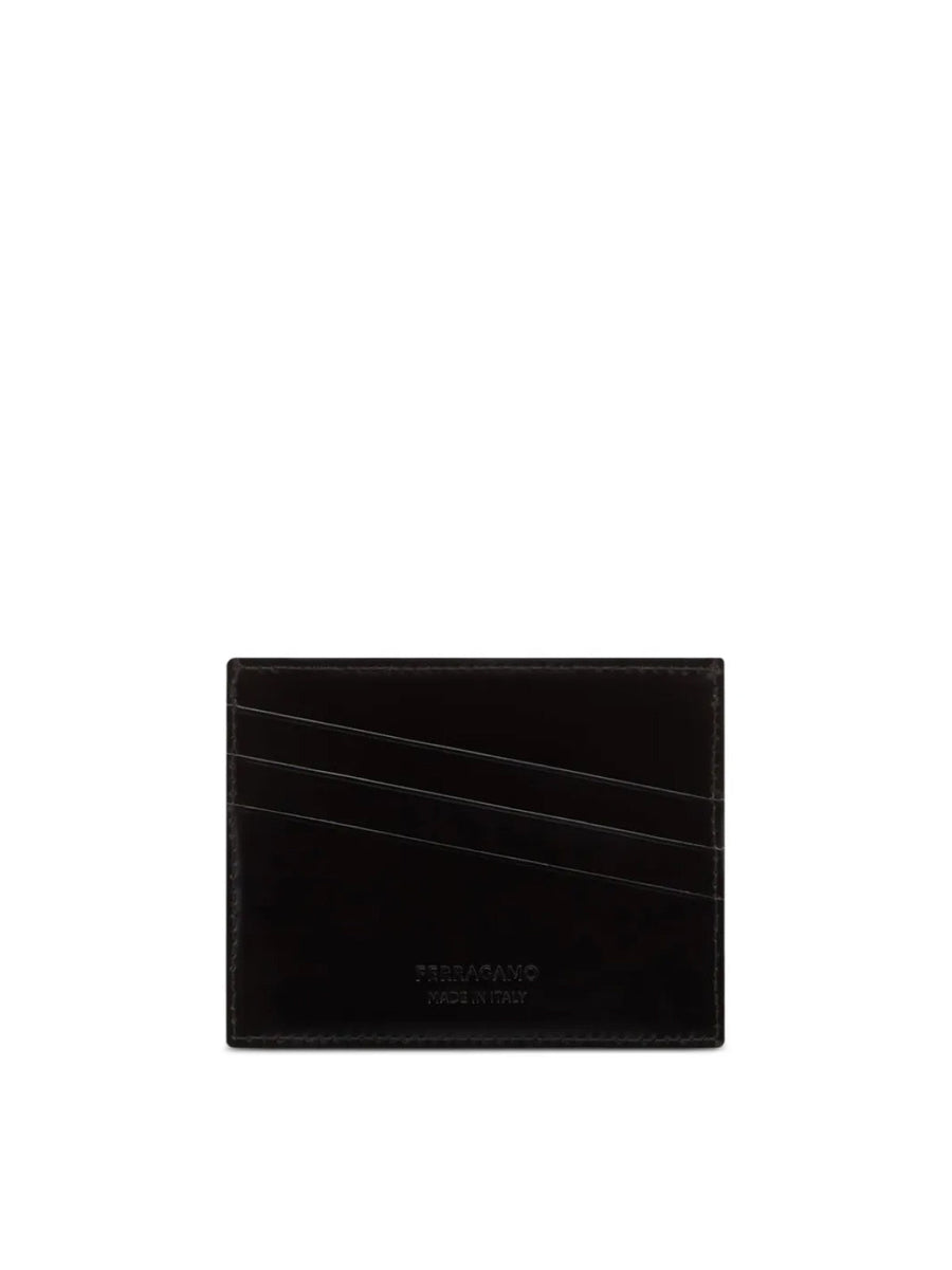 Ferragamo Diagonal Logo Leather Card Case — Black Wallet
