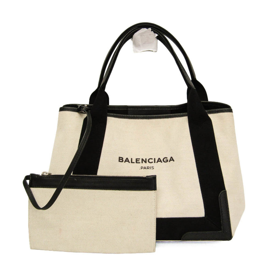 Balenciaga Navy Cabas Canvas With Leather White Bag