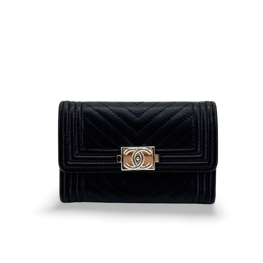 Chanel Boy Trifold Flap Chevron Caviar Black Leather Accessory