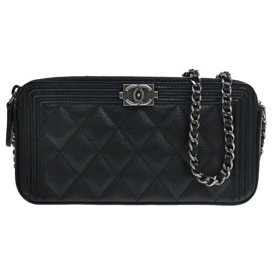 Chanel Boy Double Zip Clutch With Chain Quilted Lambskin Black Leather