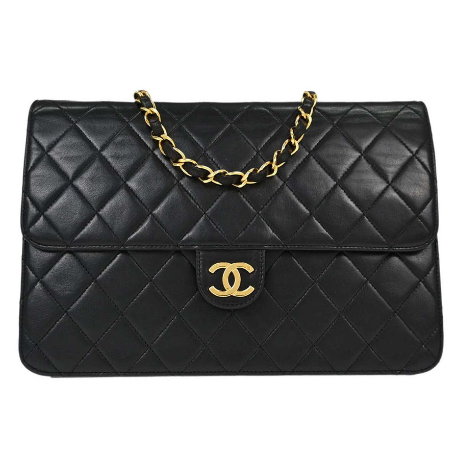 Chanel Vintage Square Flap Quilted Lambskin Black Leather Bag