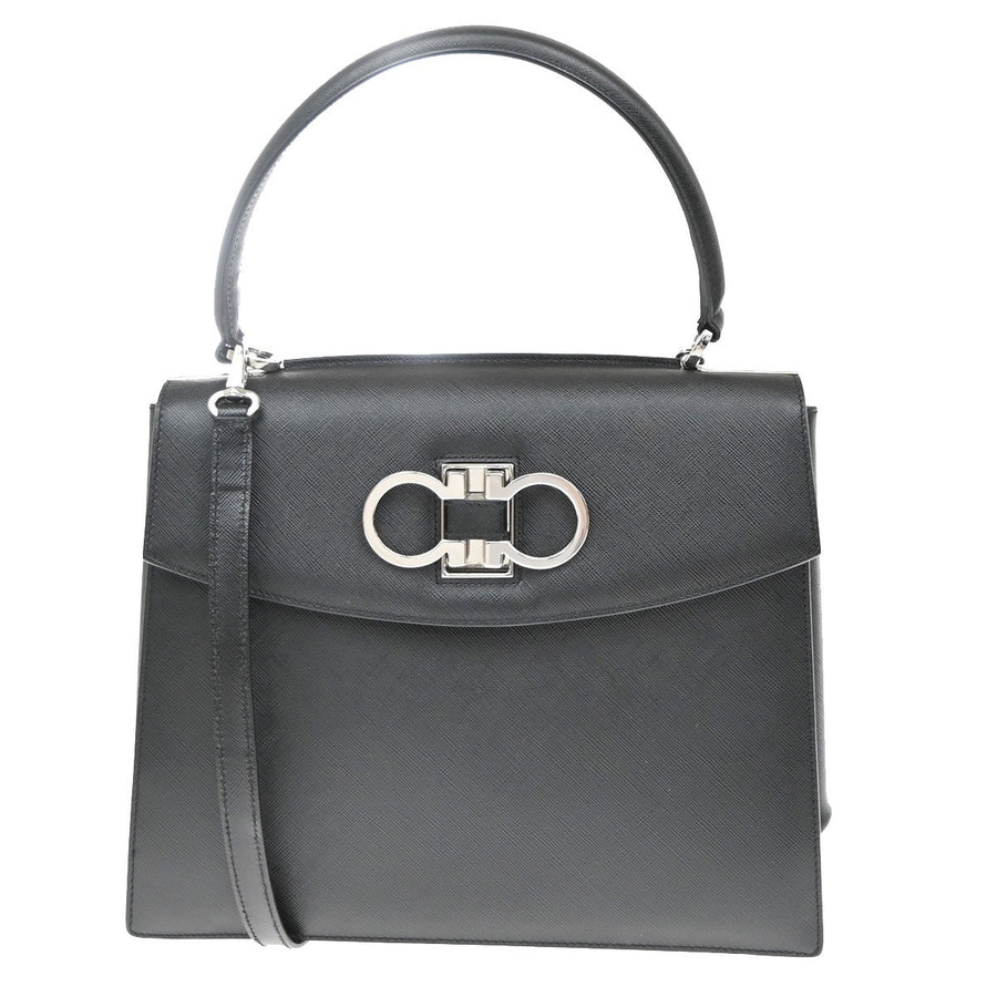 Salvatore Ferragamo Double Gancini Top Handle Saffiano Leather Black Bag