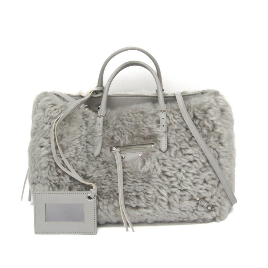 Balenciaga Papier A6 Zip Around Classic Studs Shearling Gray Faux_fur Bag