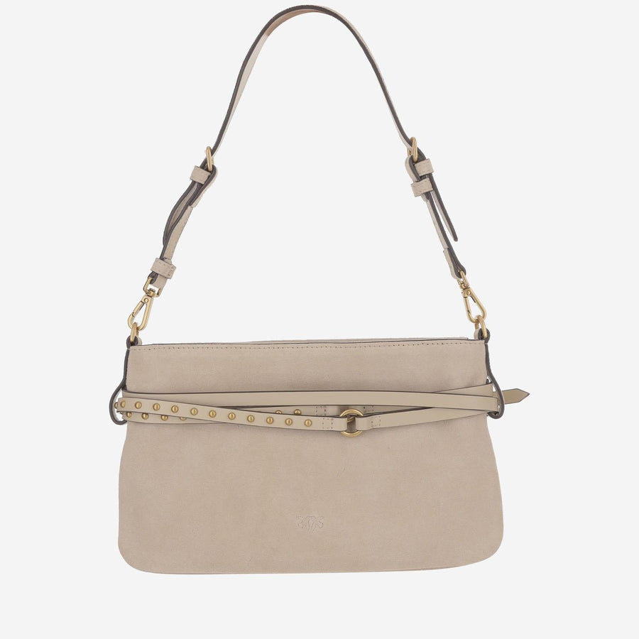 Pinko Studded Belt Detail Shoulder Bag — Beige Leather