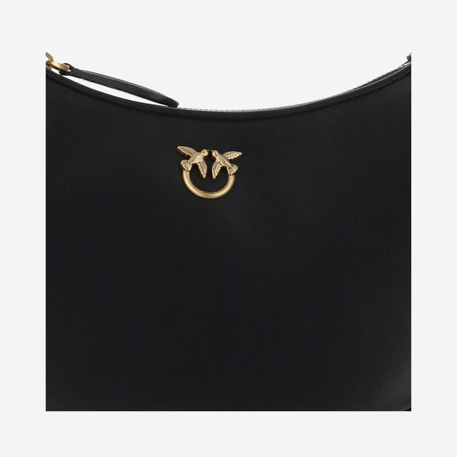 Pinko Gold-Winged Logo Embellished Shoulder Bag — Black Leather