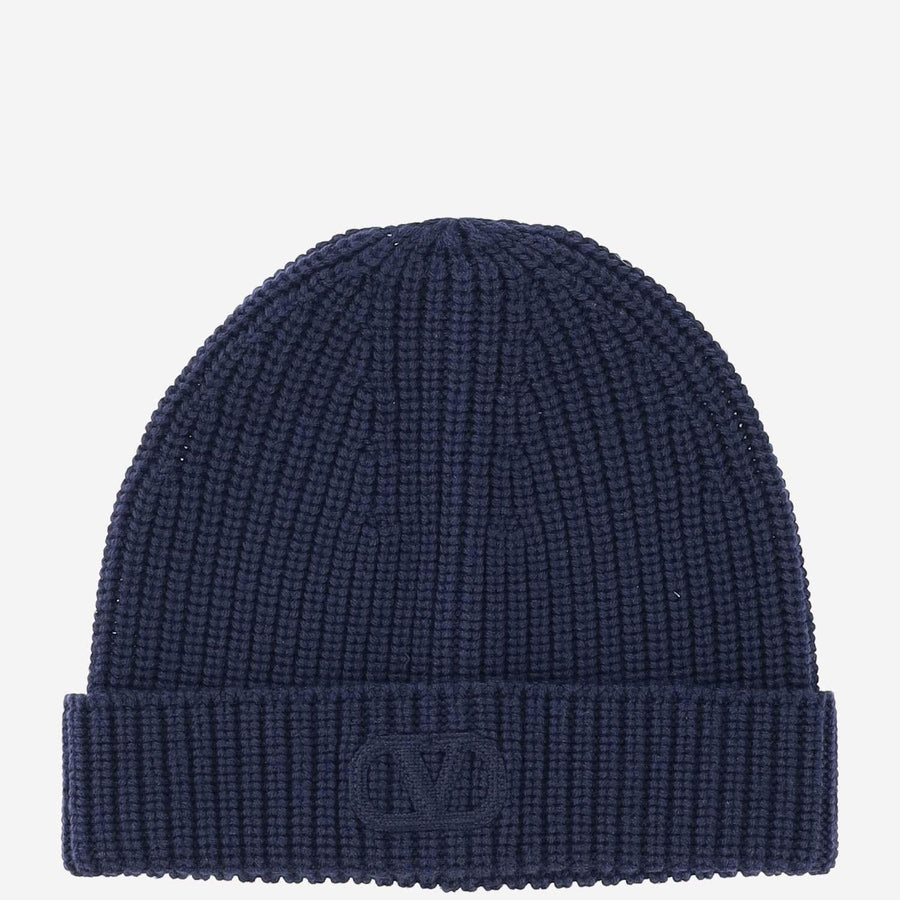 Valentino Garavani Yhb01lind Vlogo Chunky Knit Beanie — Navy Virgin Wool Beanies