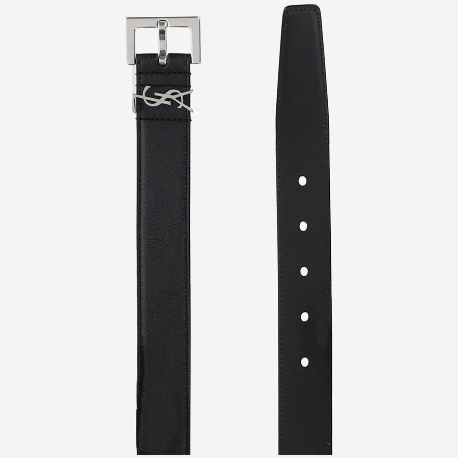 Saint Laurent Cassandre Logo Plaque Belt — Black Calfskin