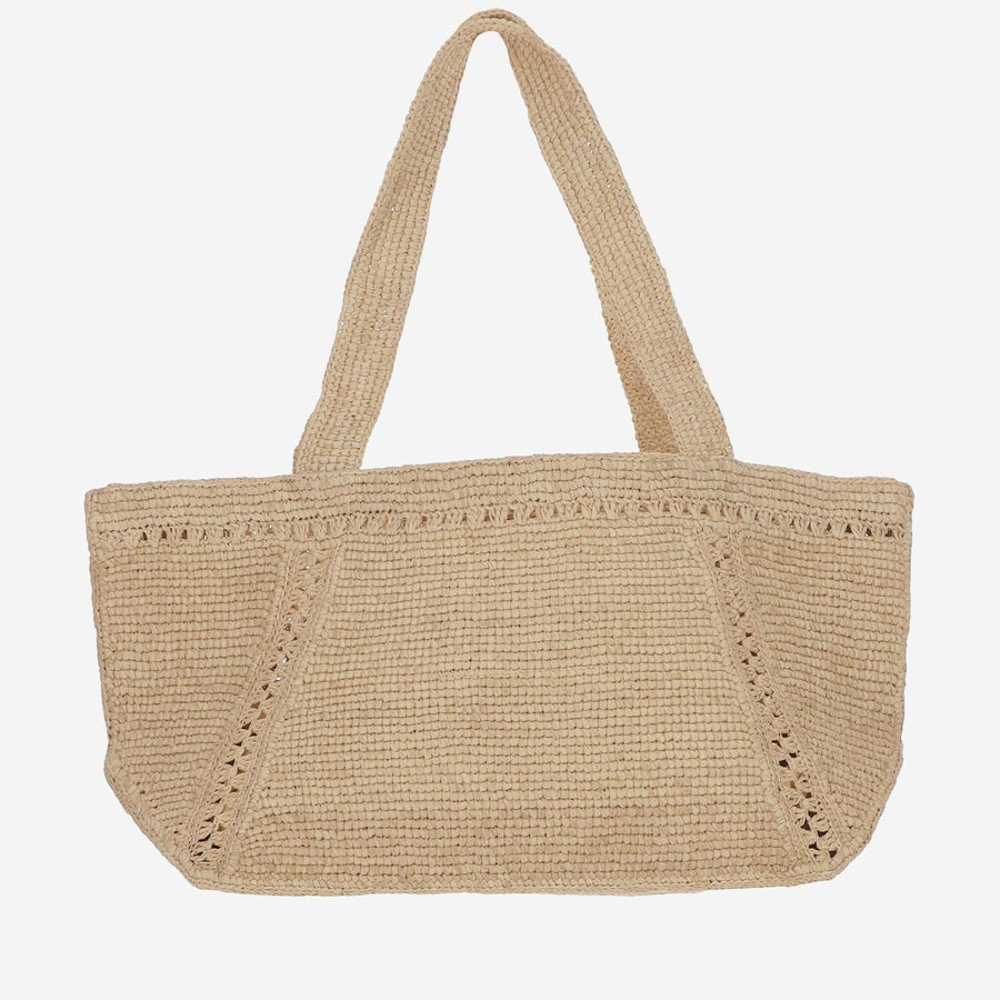 Patou Embroidered Logo Raffia Tote Bag — Beige