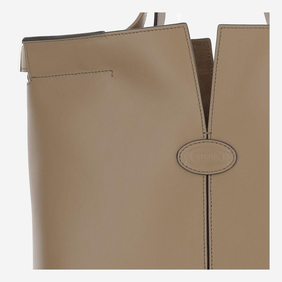 Tods Embossed Logo Calfskin Top Handle Bag — Brown