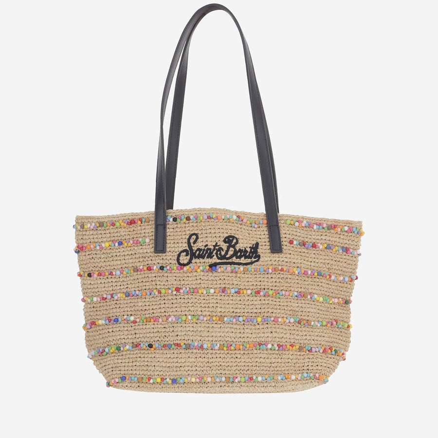 Mc2 Saint Barth Woven Raffia With Beaded Stripes Tote Bag — Beige
