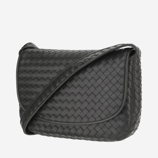 Bottega Veneta Woven Lambskin Shoulder Bag — Black Leather
