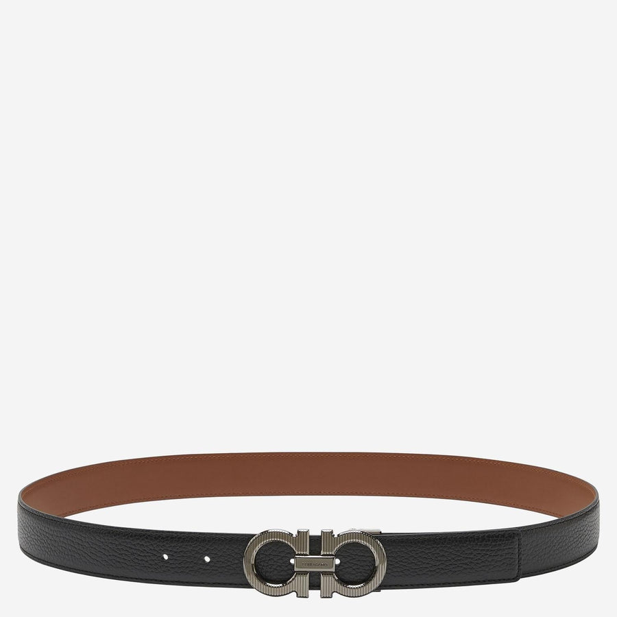 Ferragamo Gancini Leather Reversible Belt — Black Calfskin