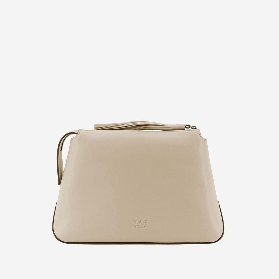Pinko Metal Love Birds Logo Leather Beauty Case — Beige Top Handle Bags