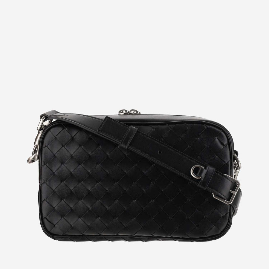 Bottega Veneta Intrecciato Quilted Calfskin Crossbody Bag — Black Leather