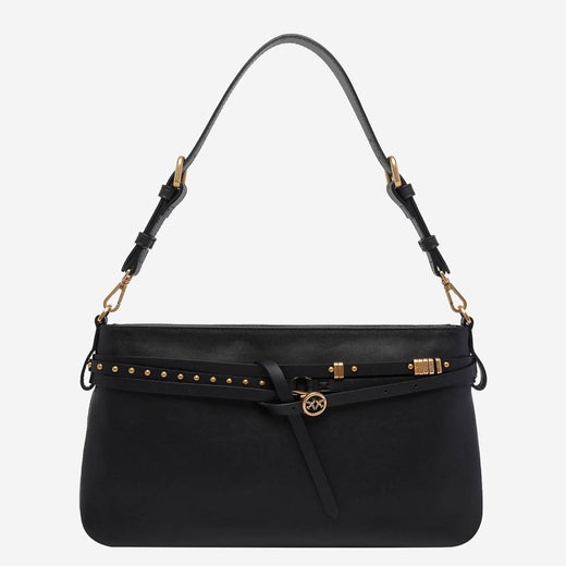 Pinko Stud-Embellished Leather Shoulder Bag — Black