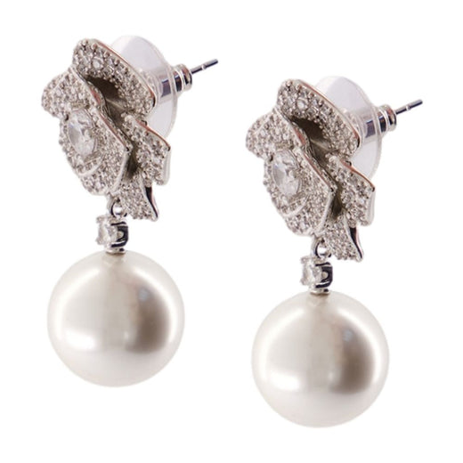 Self-Portrait Crystal Flower Pearl Earrings — Silver