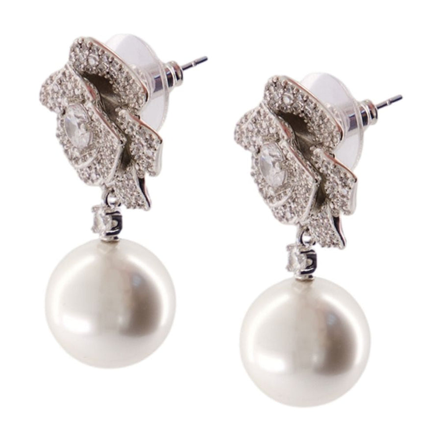 Self-Portrait Crystal Flower Pearl Earrings — Silver