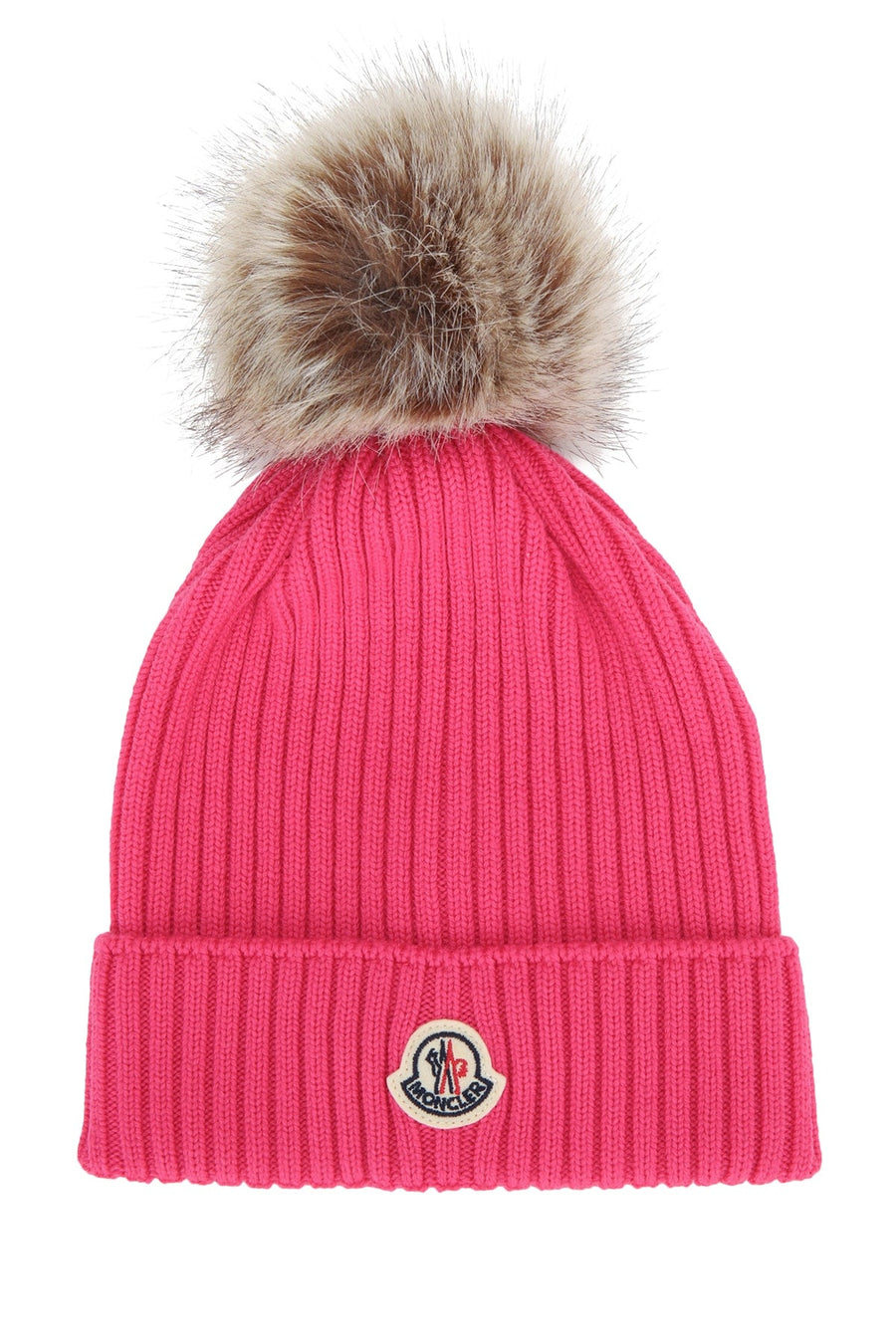 Moncler Jr Hat Fur-Pom Cotton Beanie — Pink Beanies