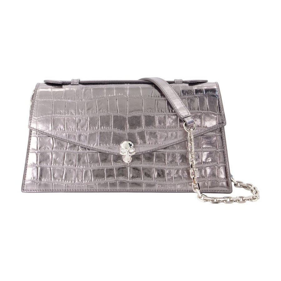 Alexander Mcqueen Crocodile-Embossed Calfskin Clutch — Silver