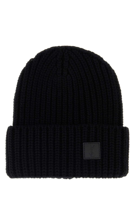 Saint Laurent Bonnet Ribbed Wool Beanie — Black Exterior: Beanies