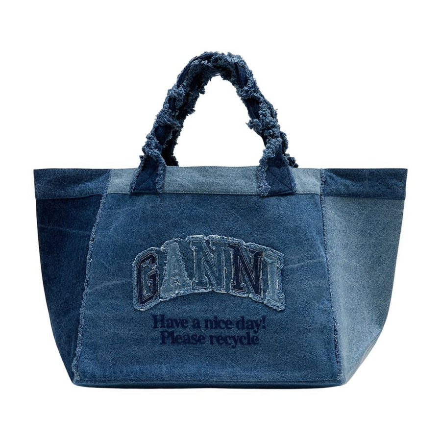 Ganni Logo-Embroidered Denim Tote Bag — Blue Cotton