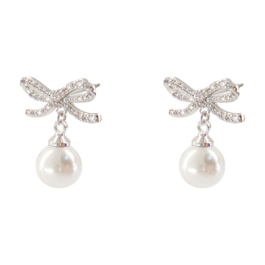 Self-Portrait Bow And Pearl Drop Earrings — Silver White Gold-plated Metal