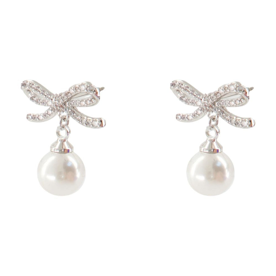 Self-Portrait Bow And Pearl Drop Earrings — Silver White Gold-plated Metal