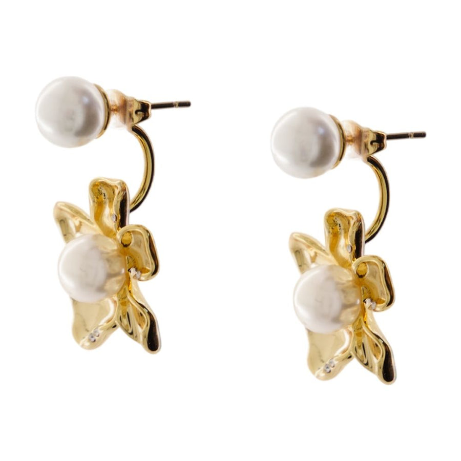 Self-Portrait Flower Pearl Jacket Earrings — Gold Metal