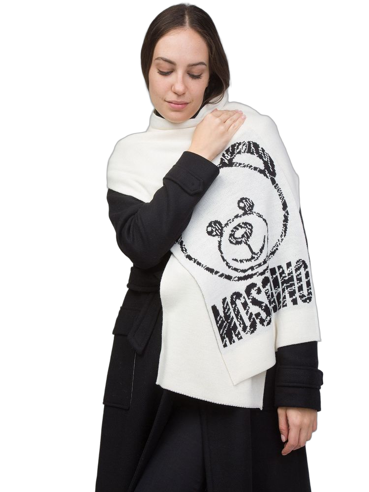 Moschino Logo-Graphic Wool Blend Scarf — White Scarfs