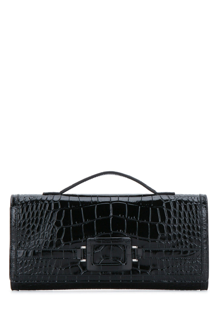Roger Vivier Crocodile-Embossed Clutch — Black Leather