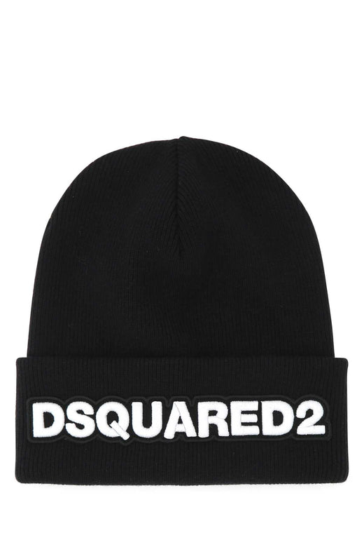 Dsquared2 Knm000115040001 Logo-Embroidered Wool Beanie — Black Exterior: Beanies