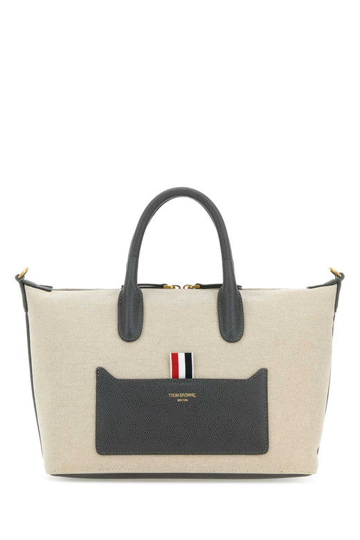 Thom Browne Canvas And Leather Colorblock Tote Bag — Beige