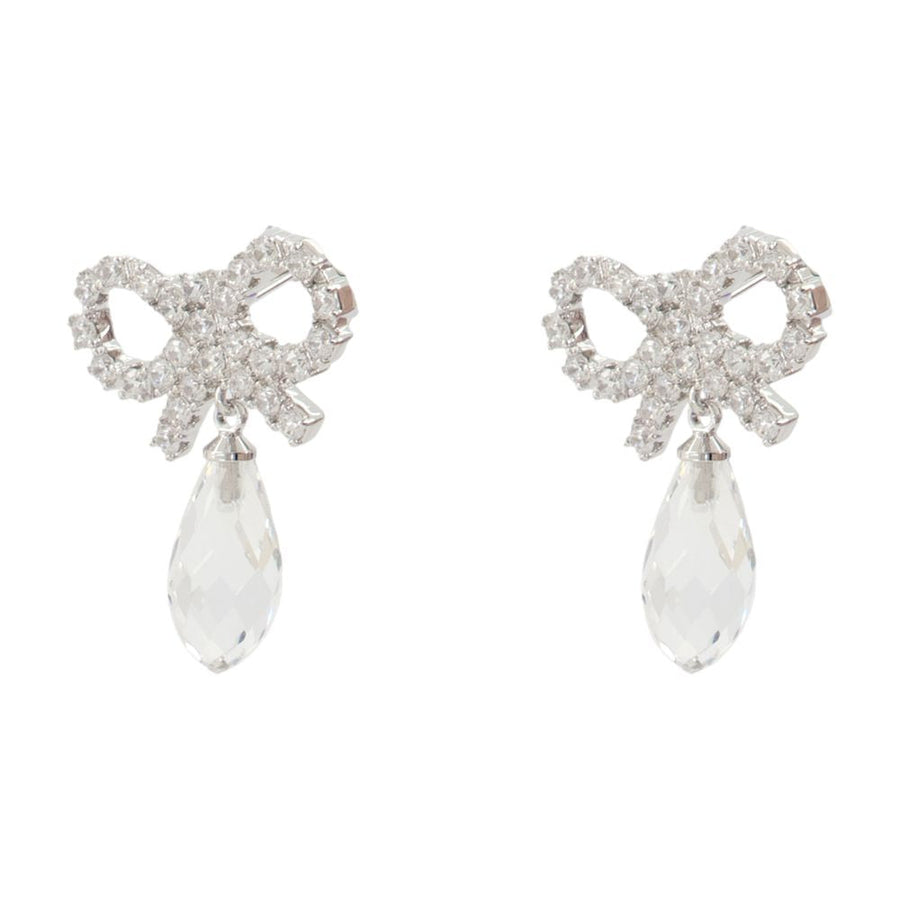 Self-Portrait Bow Droplet Earrings — Silver Crystal