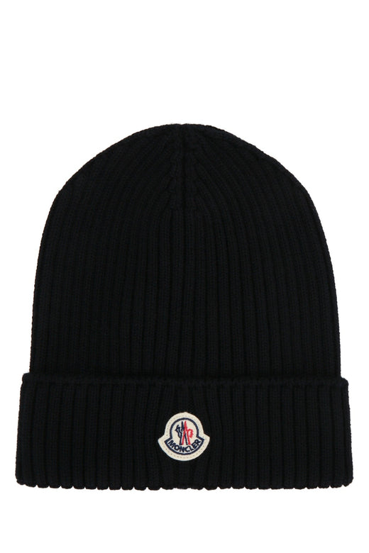 Moncler Jr Hat Ribbed Knit Beanie — Black Mixed Fibres Beanies