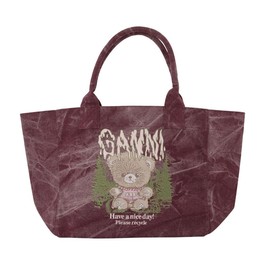 Ganni Printed Cotton Tote Bag — Burgundy