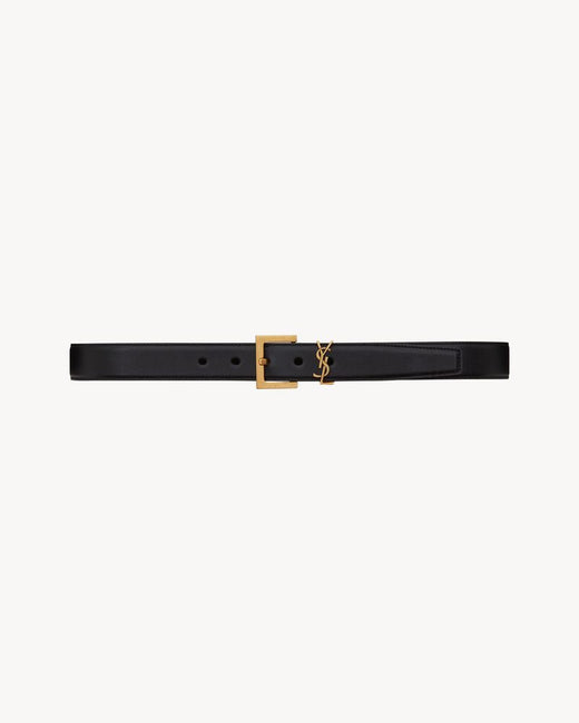 Saint Laurent Cassandre Square Buckle Belt — Black Calfskin Leather