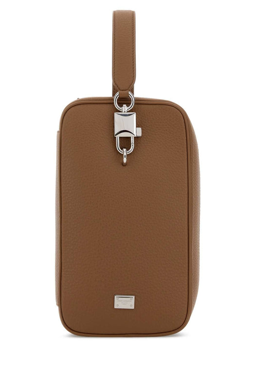 Dolce & Gabbana Leather Lock Closure Top Handle Bag — Brown