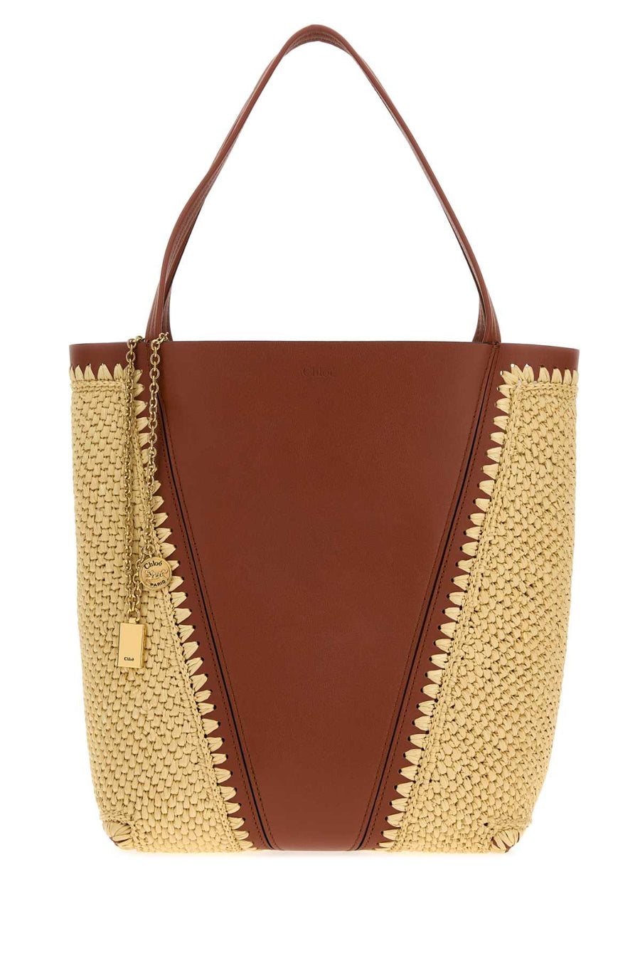 Chloé Leather And Raffia Colour-Block Shoulder Bag — Brown