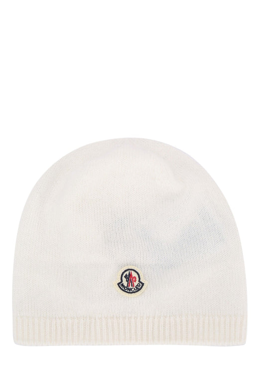 Moncler Jr Hat Ribbed-Knit Beanie — White Acrylic Beanies