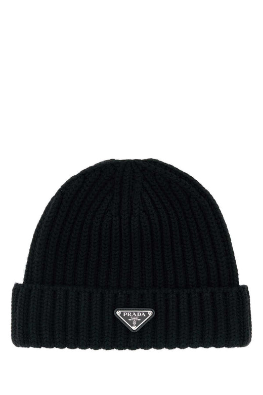 Prada Hat Ribbed Virgin Wool Beanie — Black Exterior: Beanies