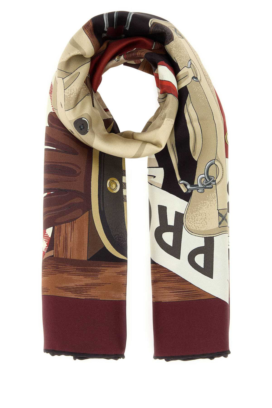Burberry Equestrian-Print Mulberry Silk Scarf — Burgundy Scarfs