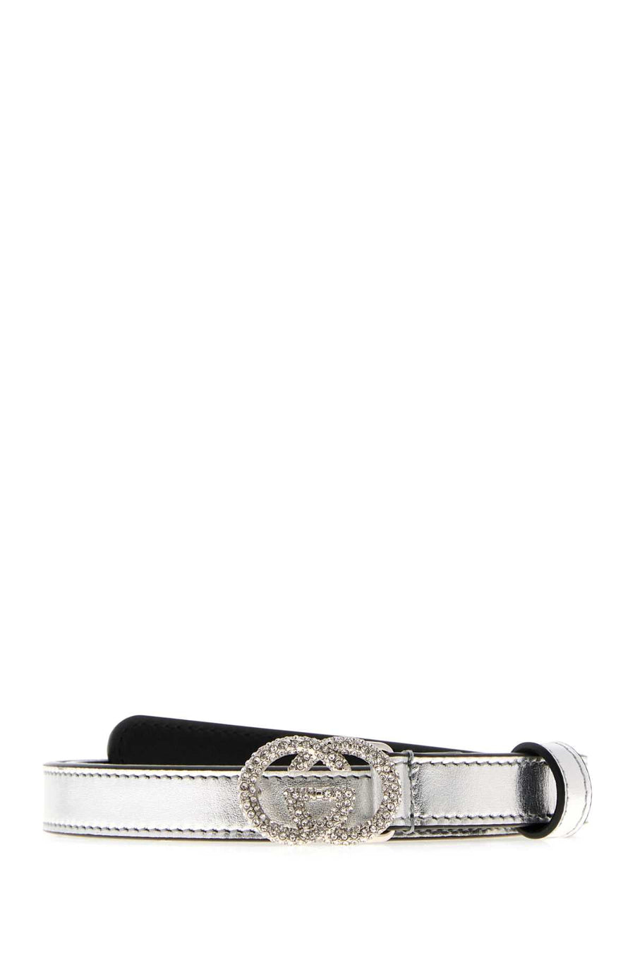 Gucci Crystal-Embellished Buckle Belt — Silver Calf Skin