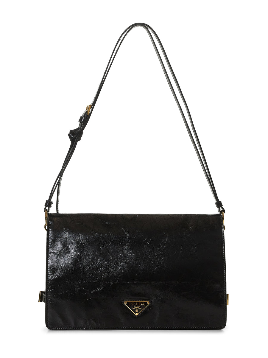 Prada Mirrored-Finish Calf Leather Shoulder Bag — Black