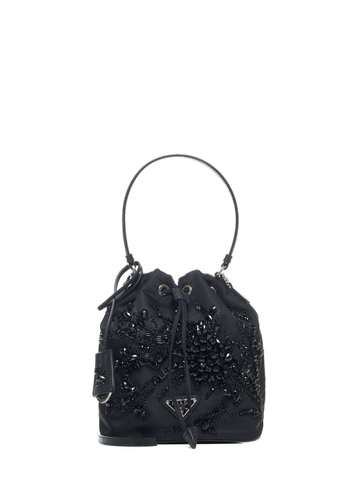 Prada Crystal-Embellished Art Deco Embroidery Bucket Bag — Black Recycled Polyamide